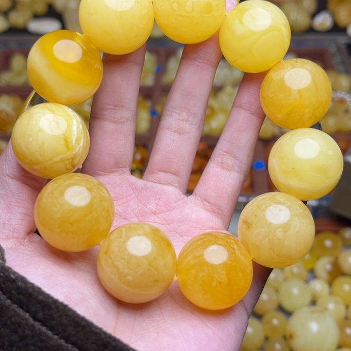 蜜蜡未镶嵌珠宝奇石200-天然蜜蜡满蜡妖花圆珠手串卡22+72g微瑕