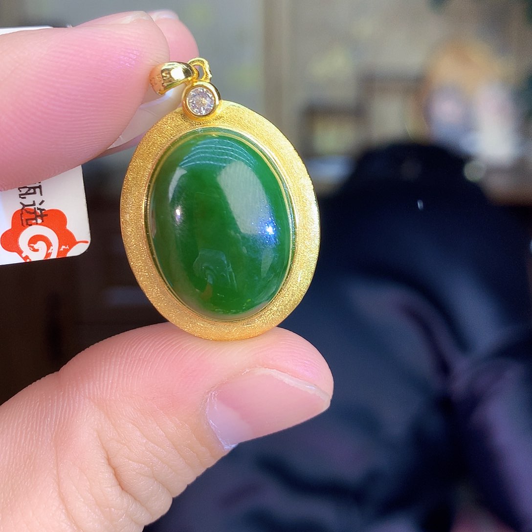 吊坠(不含链)银S925镶嵌和田玉（碧玉）吊坠