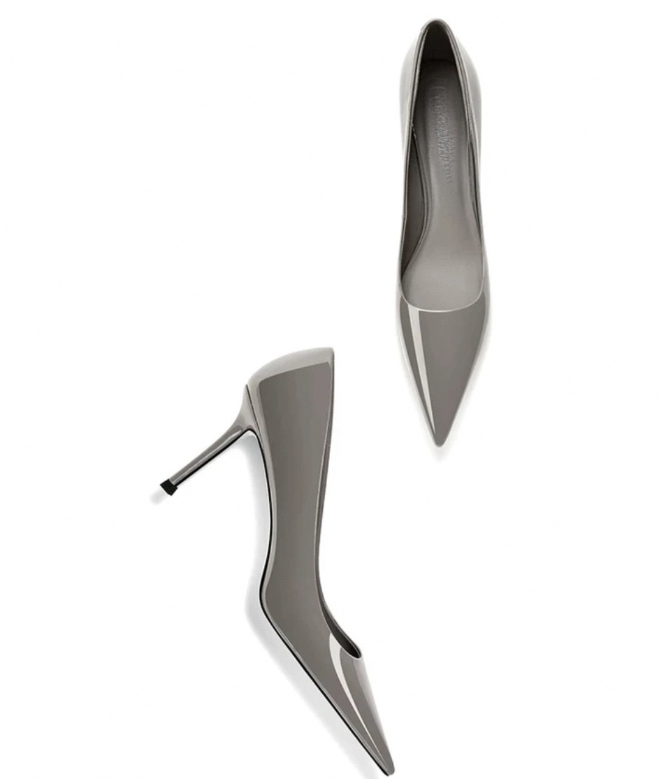 大象灰漆皮尖头细跟法式设计感百搭不累脚名媛尖头高跟鞋细跟