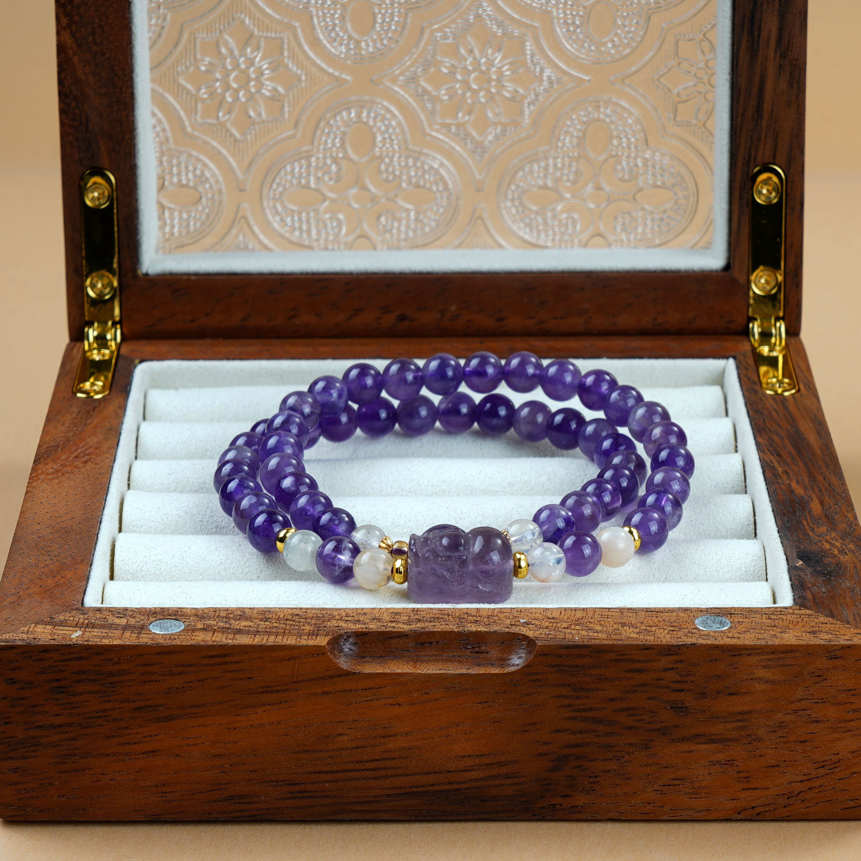 天然紫水晶配紫水晶貔貅双圈手链 多样性发一 SL666