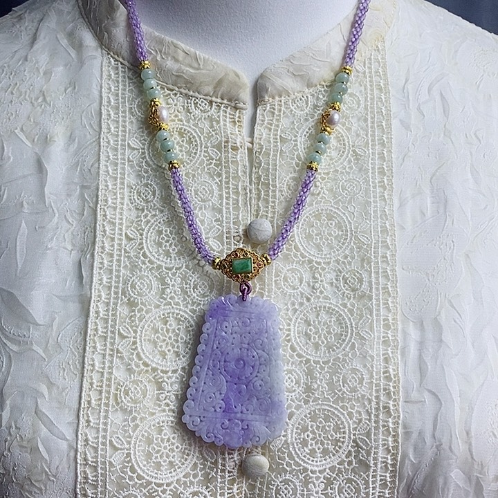 翡翠吊坠(赠链)未镶嵌紫翡回纹雕刻无事牌