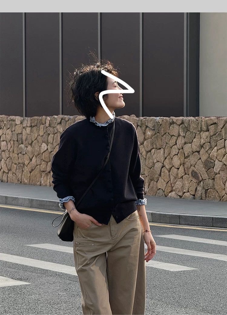 [奕奕]木耳边   撞色气质减龄羊毛针织开衫