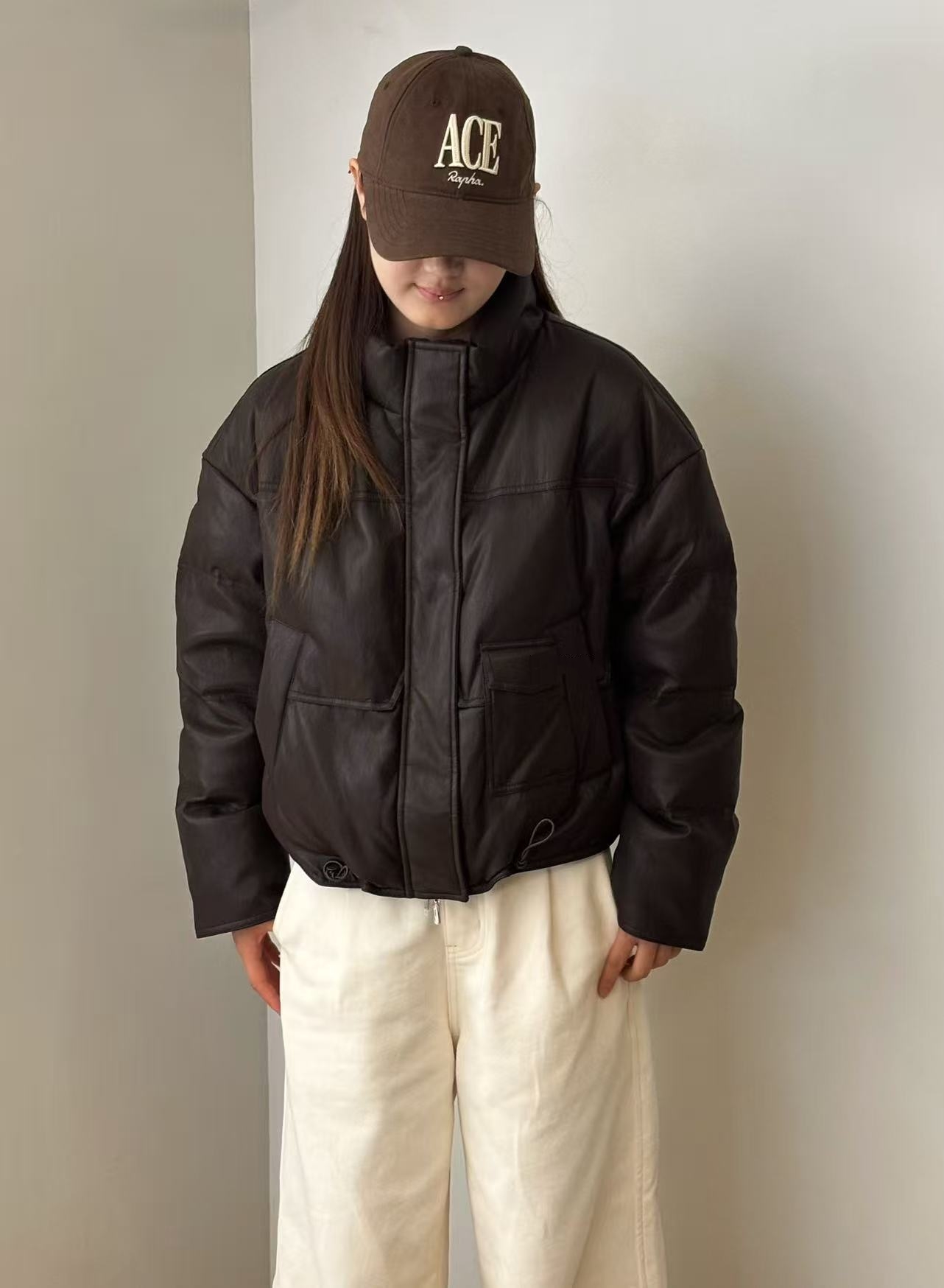 2003欧版立领鸭绒皮羽绒服女2025冬季小个子宽松保暖皮料面包服潮