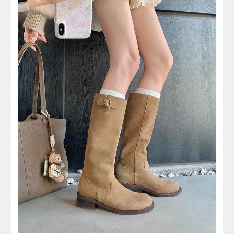 LIN-新款美拉德尖圆头真皮长靴扣带粗跟中高筒靴