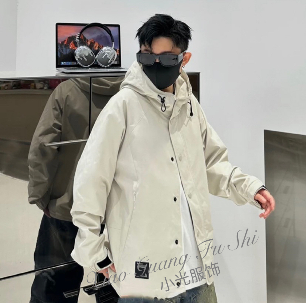 8811#米色-情侣款小众##设计师户外休闲连帽外套工装夹克-