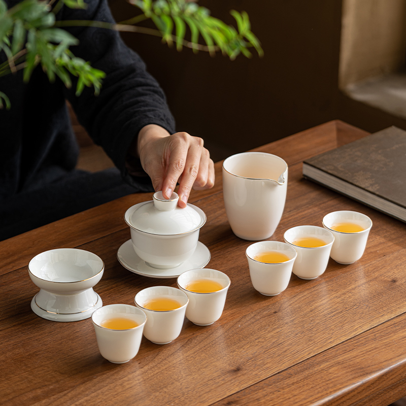 御瓷斋羊脂玉瓷纯白描金功夫茶具套装全套家用泡茶
