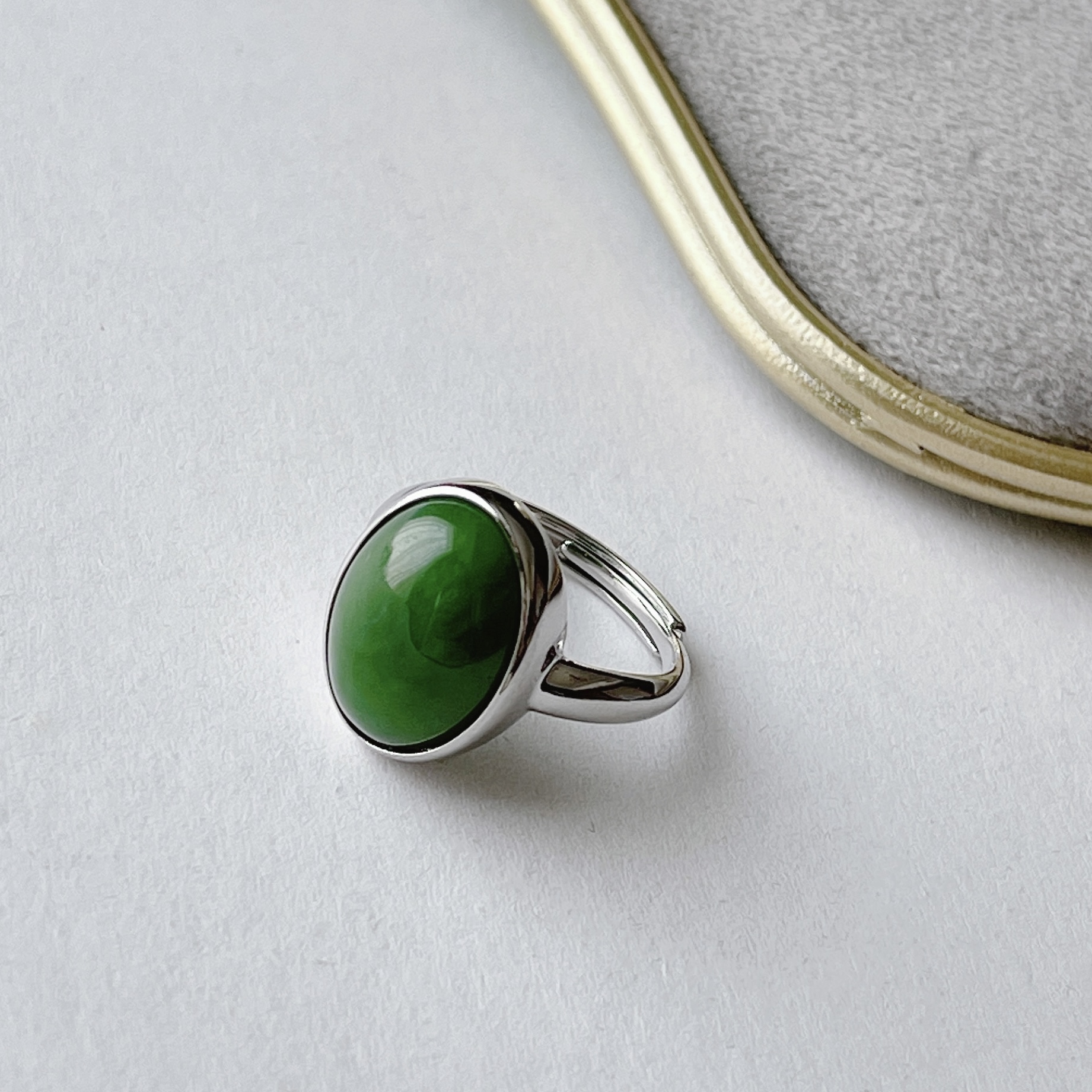 晶雁【高货专属】和田玉碧玉s925银镶大号蛋面戒指时尚气质经典百搭