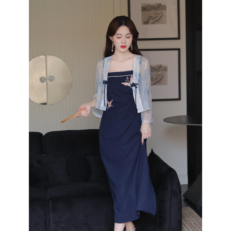 瑶西【蝶影】裙子女夏蝴蝶刺绣藏青抹胸长裙显瘦出游新中式