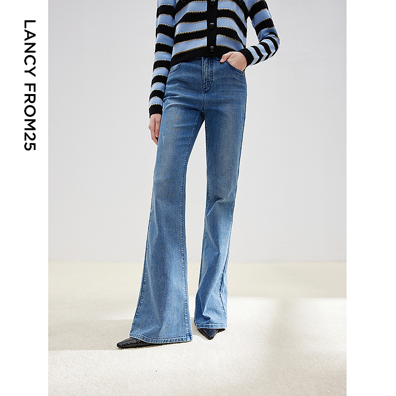 朗姿直筒复古微喇丹宁蓝色女裤25春季修身高腰显瘦仿牛仔裤欧若风