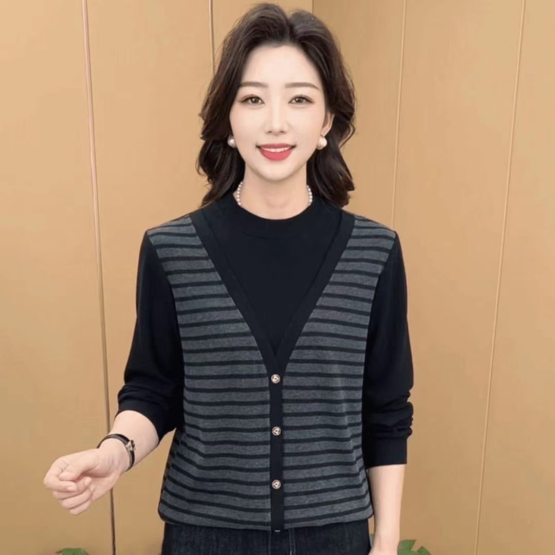 圆领时尚假两件上衣女装2025春秋季款洋气妈妈装休闲百搭长袖上衣