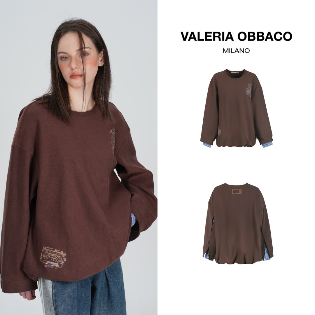 VALERIAOBBACO时尚宽松圆领2025秋季新款VO棕色拼接涂鸦手机卫衣