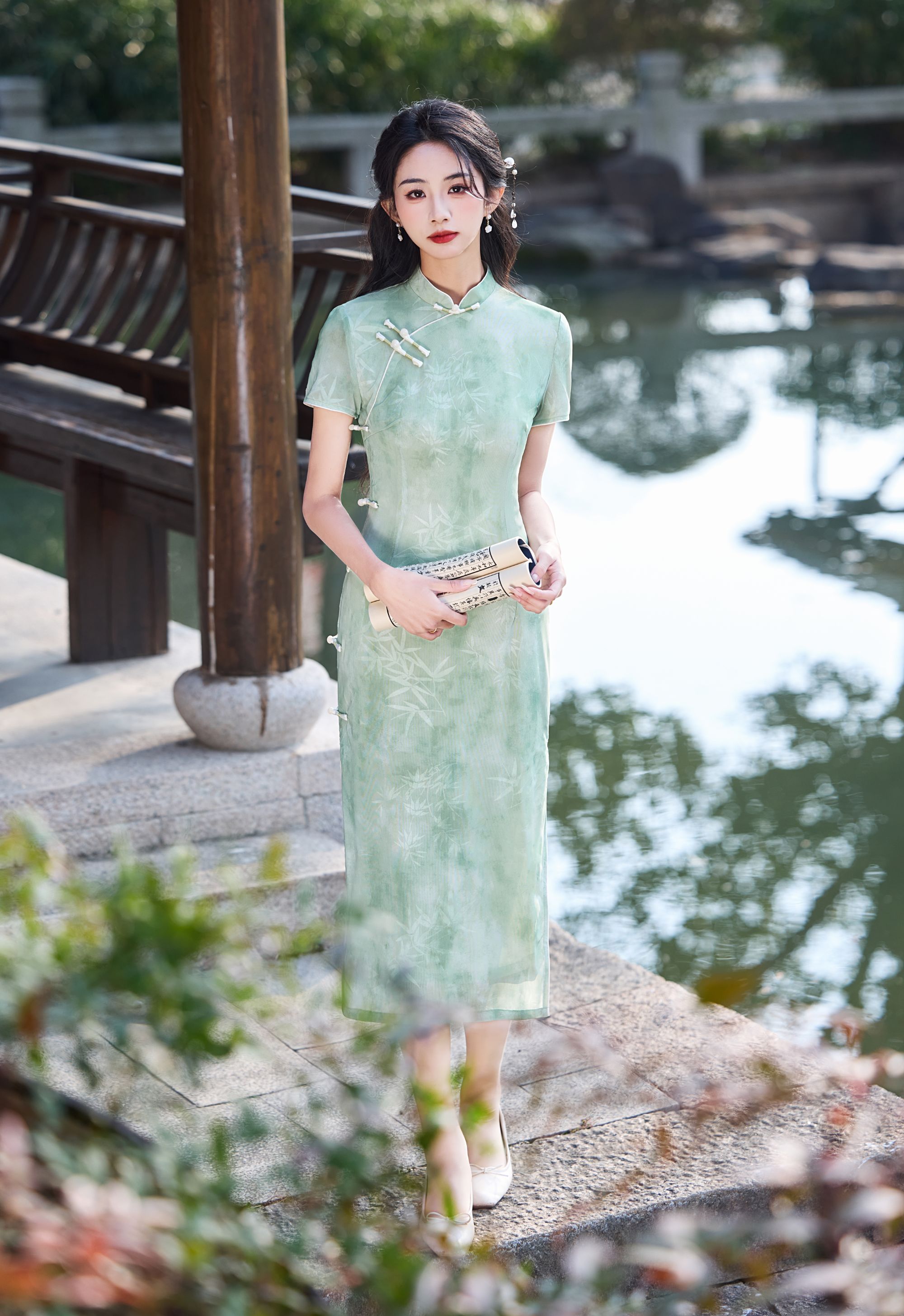 绿色复古气质拼接双层旗袍风中国风新中式日常时尚中长款印花