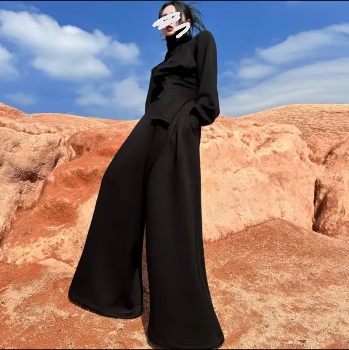 公主 大码暗黑风格上衣+阔腿裤套装 结构设计高弹力显瘦（25022）