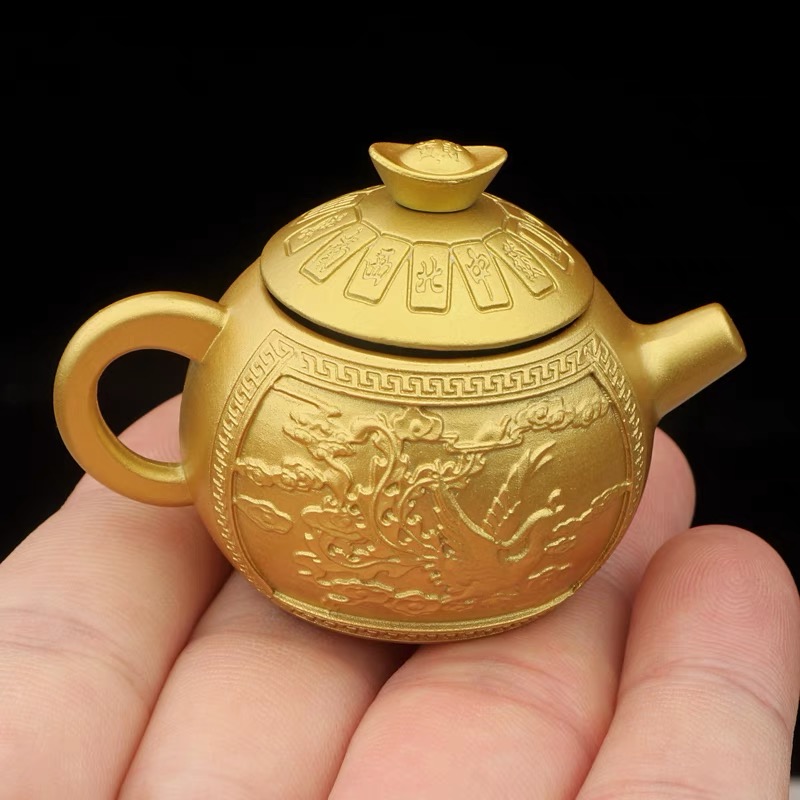 沙金龙凤把把壶精美把件中式雕刻办公室桌面长辈送礼茶桌大号摆件