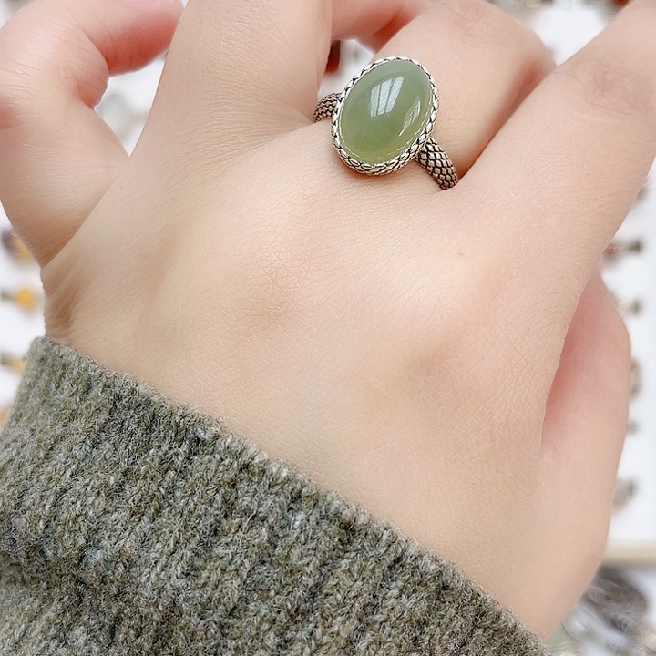 和田玉戒指银S925镶嵌天然