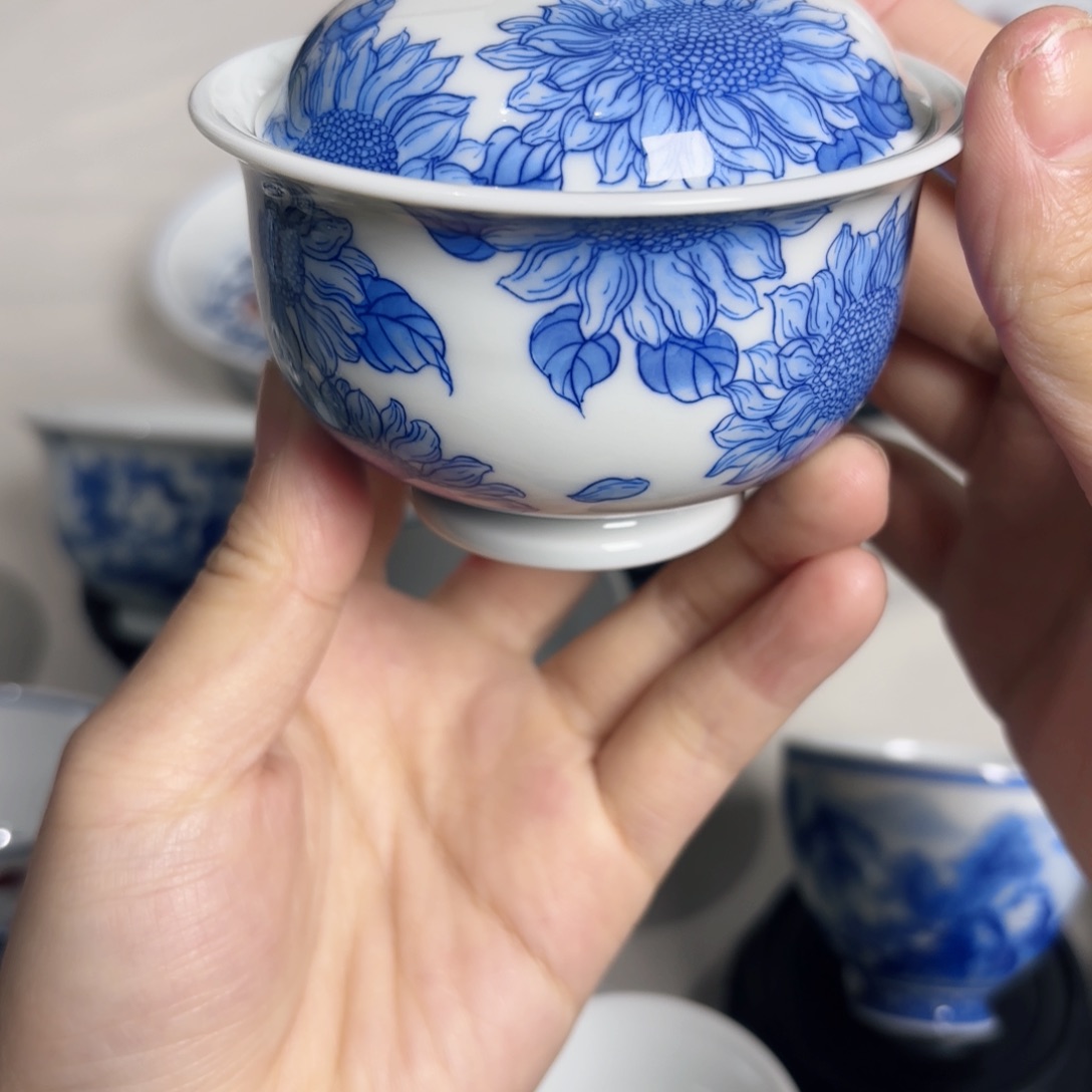 青花向日葵盖碗 嘎嘎好看 合缝95
