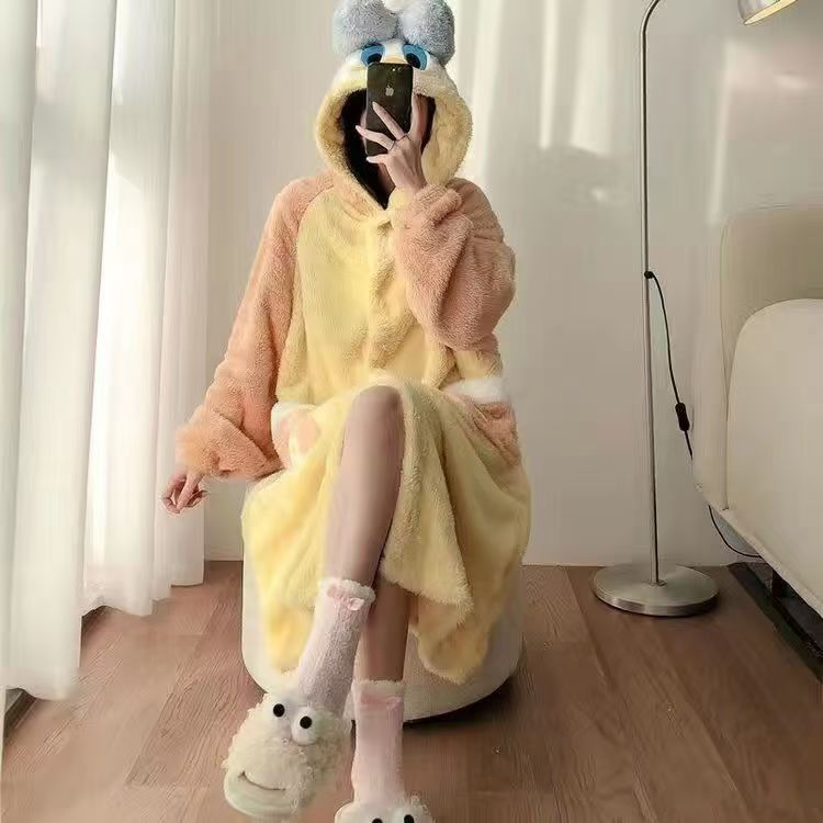 F006秋冬加绒加厚中长款睡袍睡袍珊瑚绒睡衣网红家居服外穿可爱
