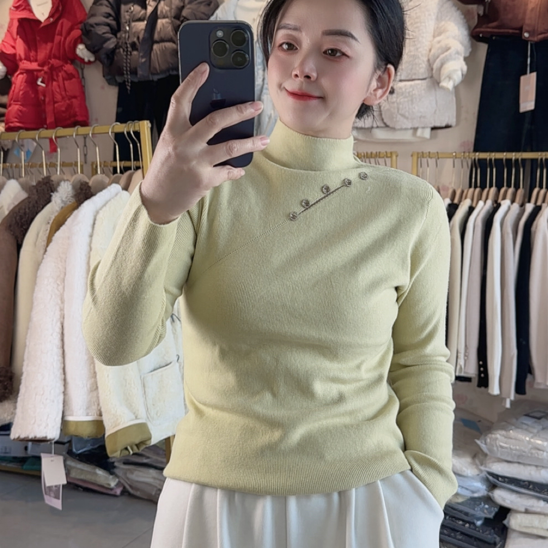 2025秋冬季纯色简单高级女套头款毛针织衫镂空半高领长袖