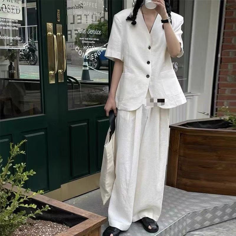 洋气衣服女西装套装女夏季新款韩版时髦气质亚麻短袖阔腿