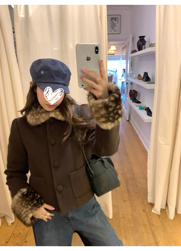 '伦敦少女'中古翻毛领包扣毛呢外套