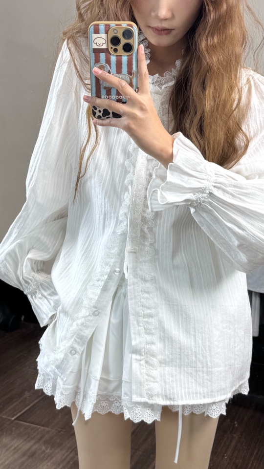 【猫-油画少女】法式浪漫蕾丝绑带设计衬衫