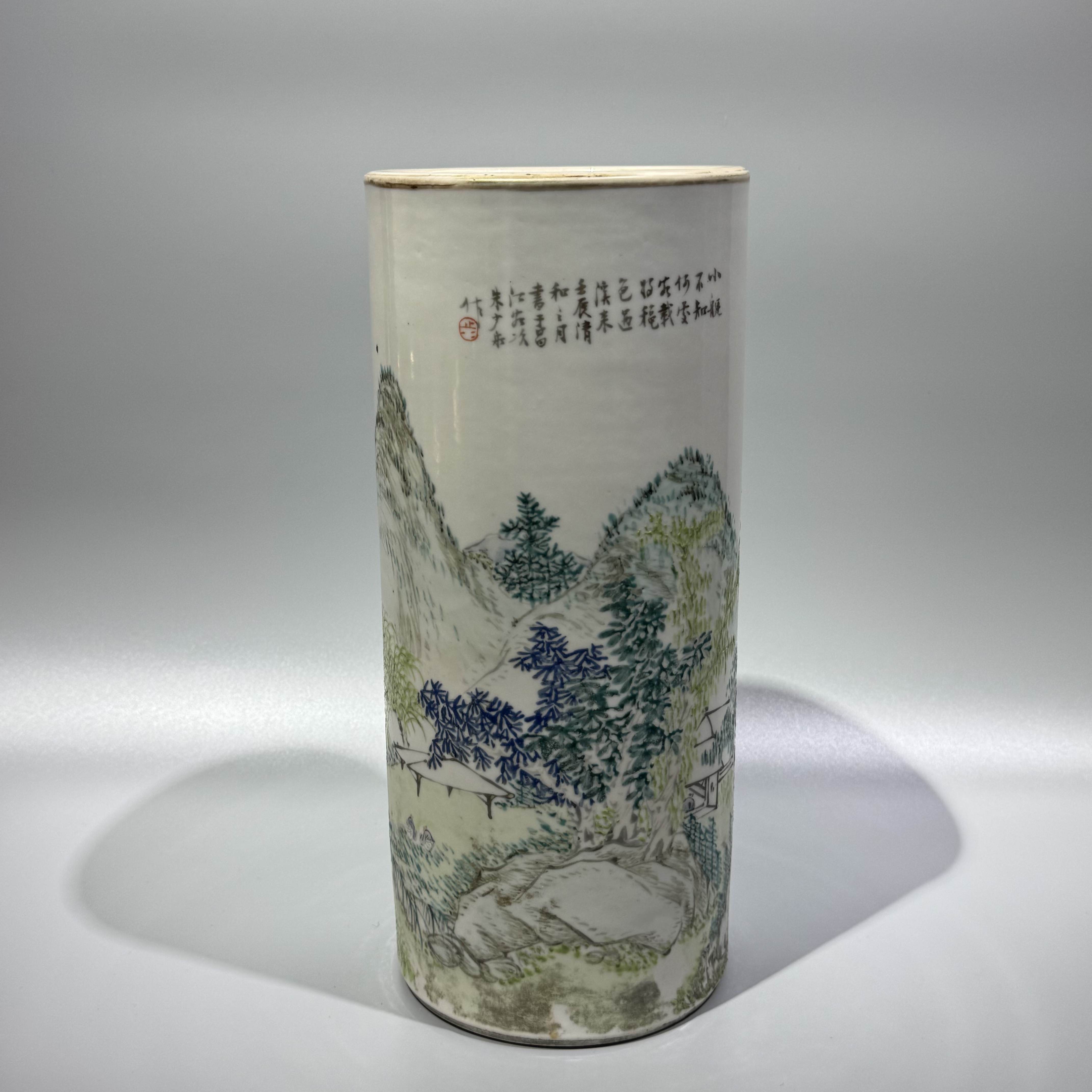 QW3-26晚清民国·浅降彩山水诗文帽筒【古董拍卖】