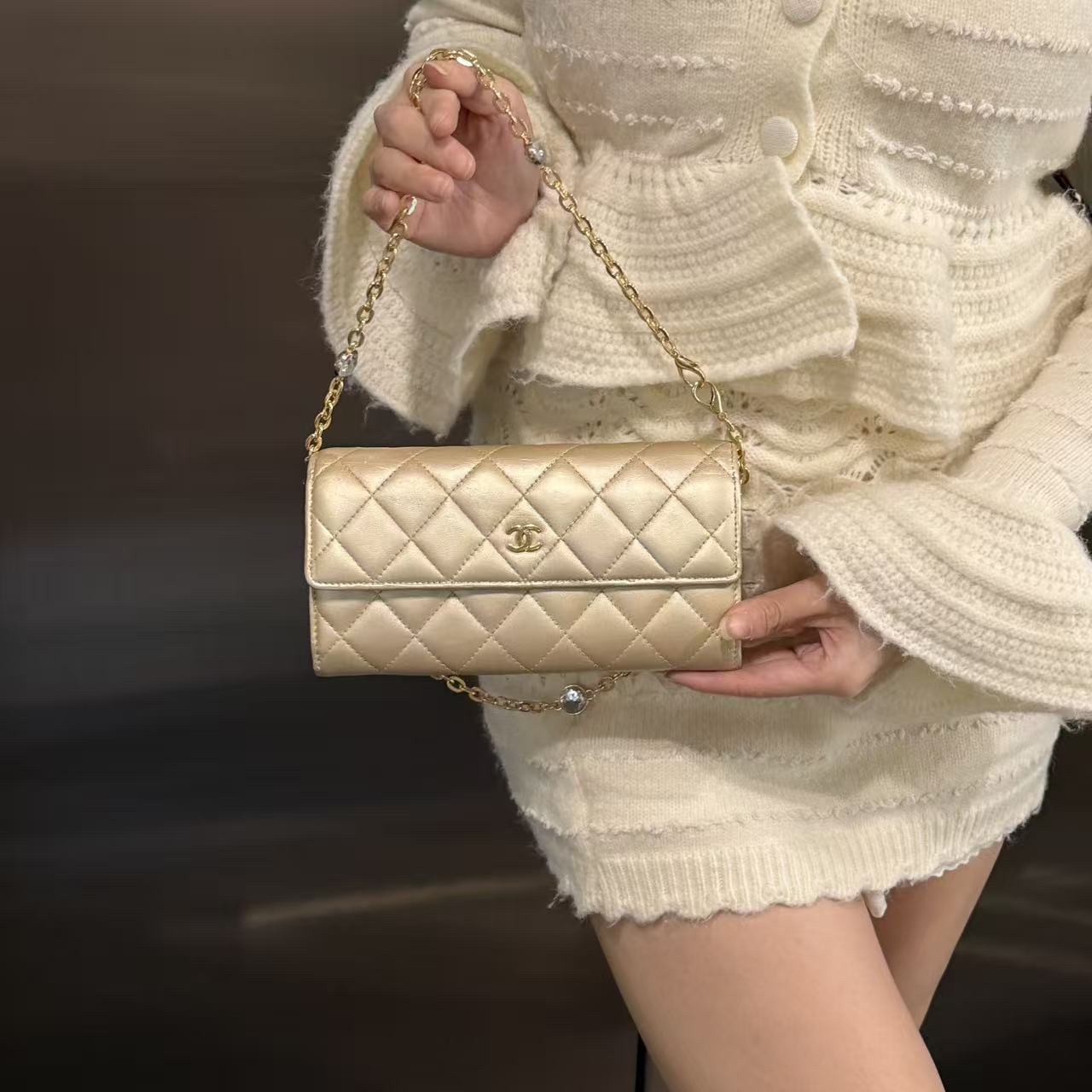 95新 Chanel/香奈儿 95新哑光金菱格纹钱包