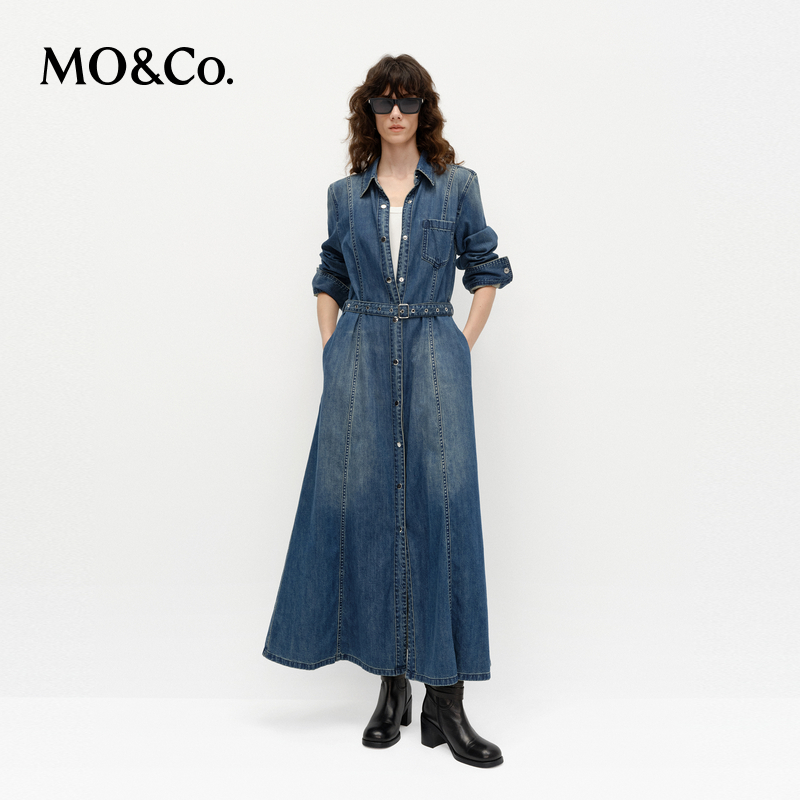 MOCO连衣裙2025春新品高腰腰带洗磨棉质复古衬衫长裙MBE1DRS035