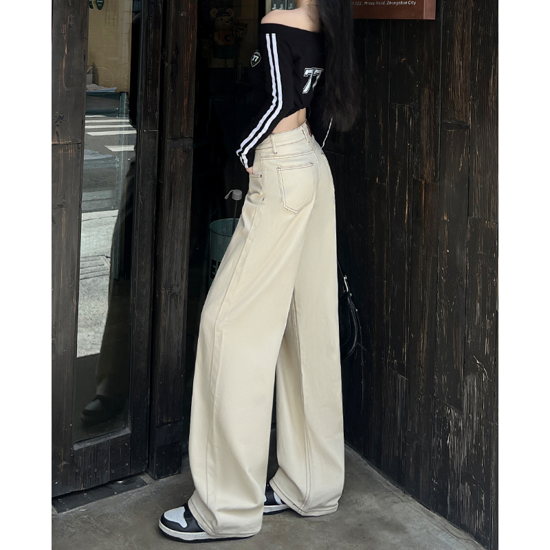 杏色阔腿牛仔裤女秋季2025新款高腰宽松垂感显瘦百搭直筒拖地裤