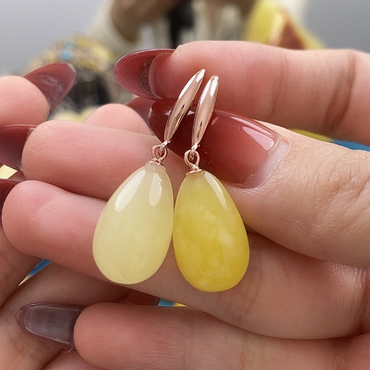 琥珀耳饰银S925镶嵌耳环