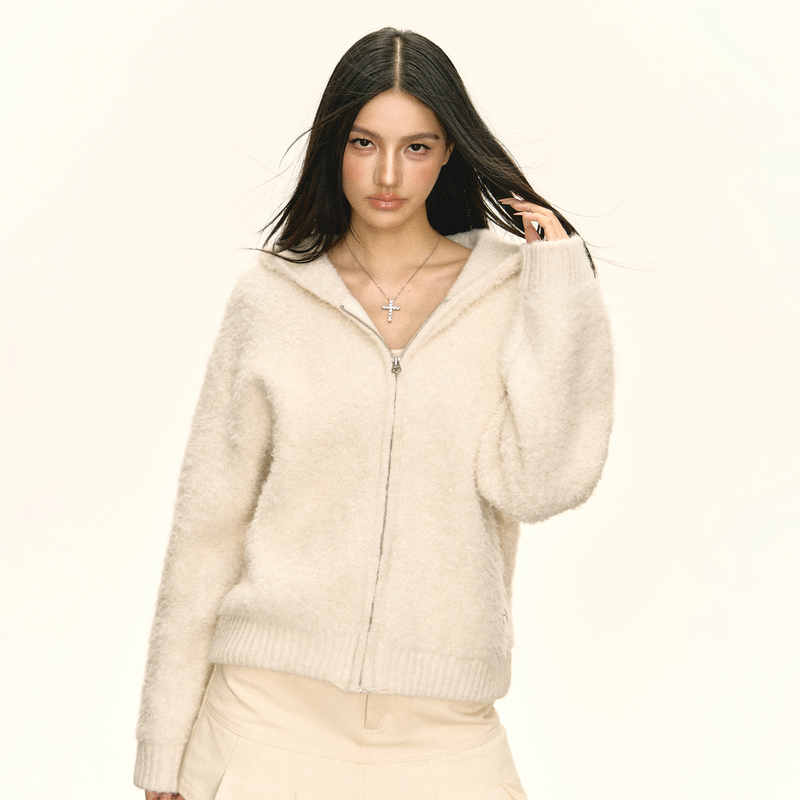 Ariseism 美式复古设计感连帽拉链毛衣外套女秋季新款上衣