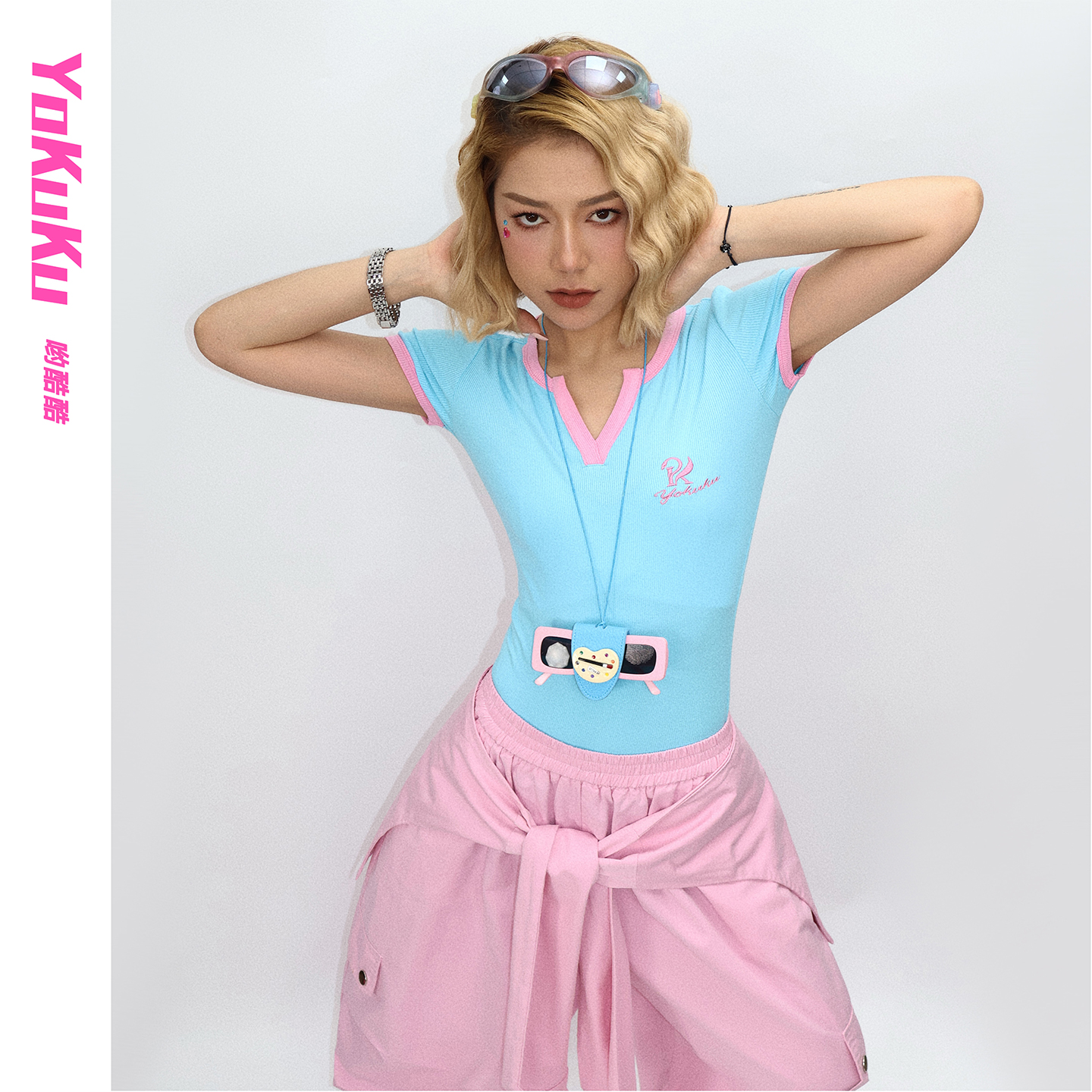 哟酷酷(海洋奇缘)美式夏季多巴胺撞色百搭修身显瘦短袖T恤时尚12