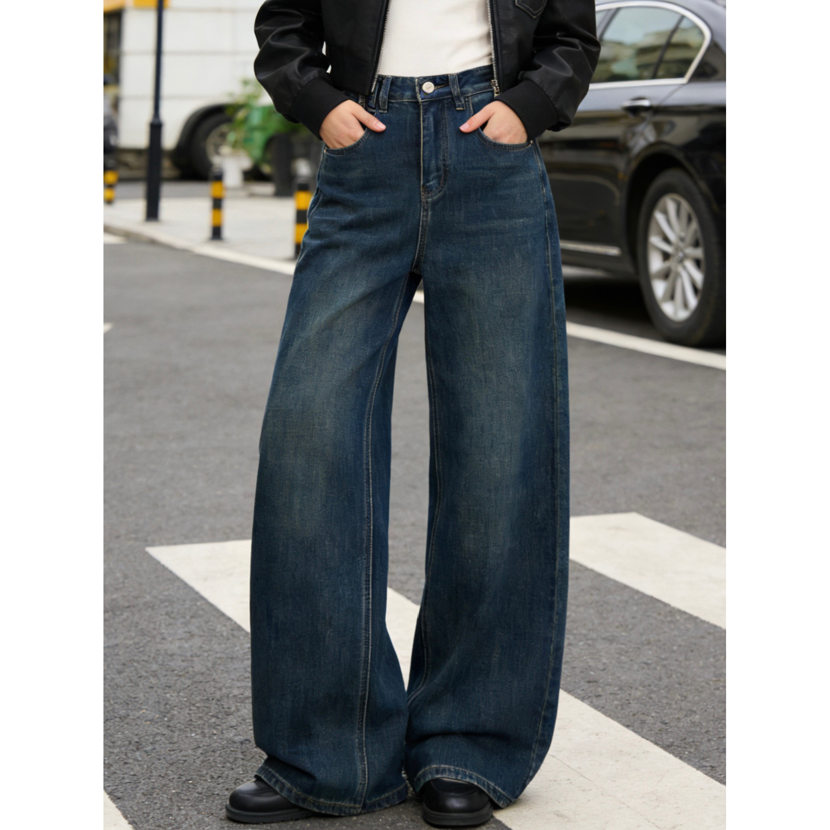 依美言2025秋冬新款韩版女时尚气质百搭阔腿裤复古高腰显瘦牛仔裤