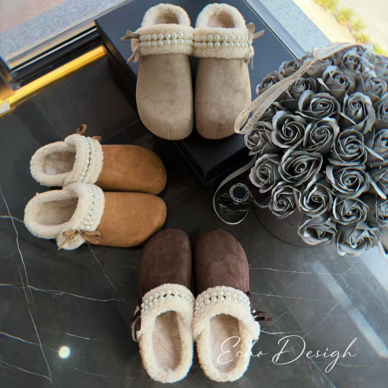 秀气版毛绒两穿温柔珍珠蝴蝶结勃肯厚底增高保暖包头勃肯拖鞋女冬