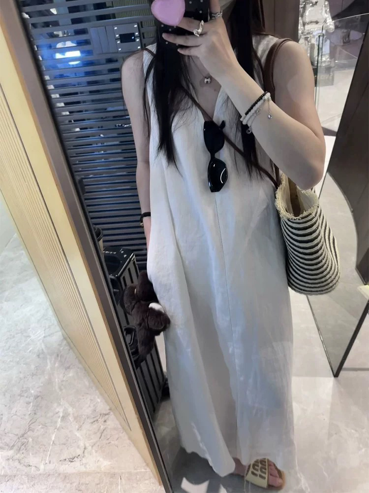夏日简约显瘦v领无袖连衣裙3a6