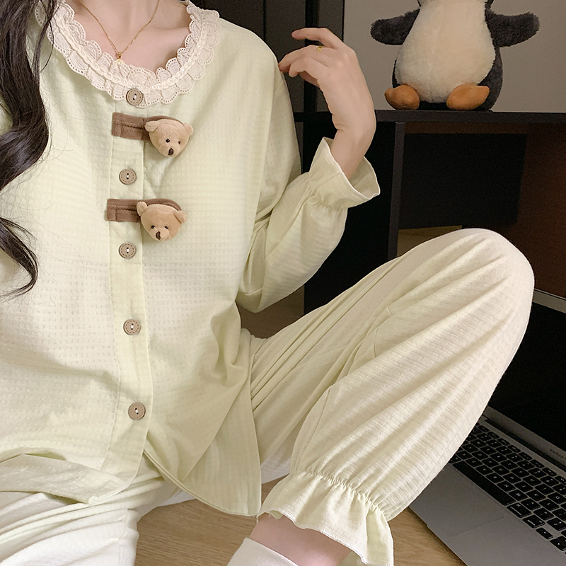 可爱甜美小熊长袖睡衣女款春秋季提花棉少女花边圆领家居服套装