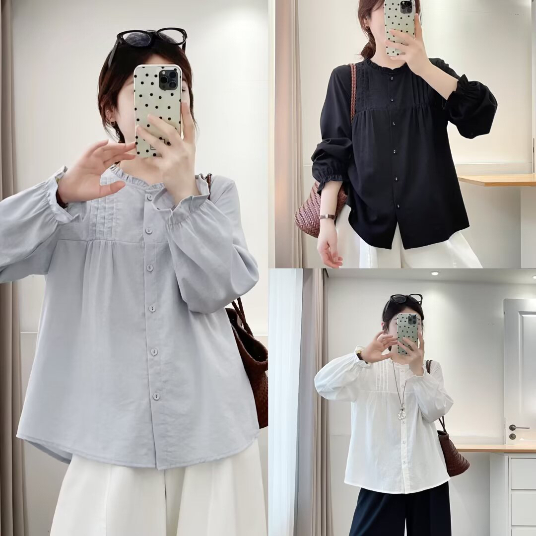 秋季新款女士宽松百搭花边圆领长袖衬衫气质春秋衬衣时尚开衫上衣