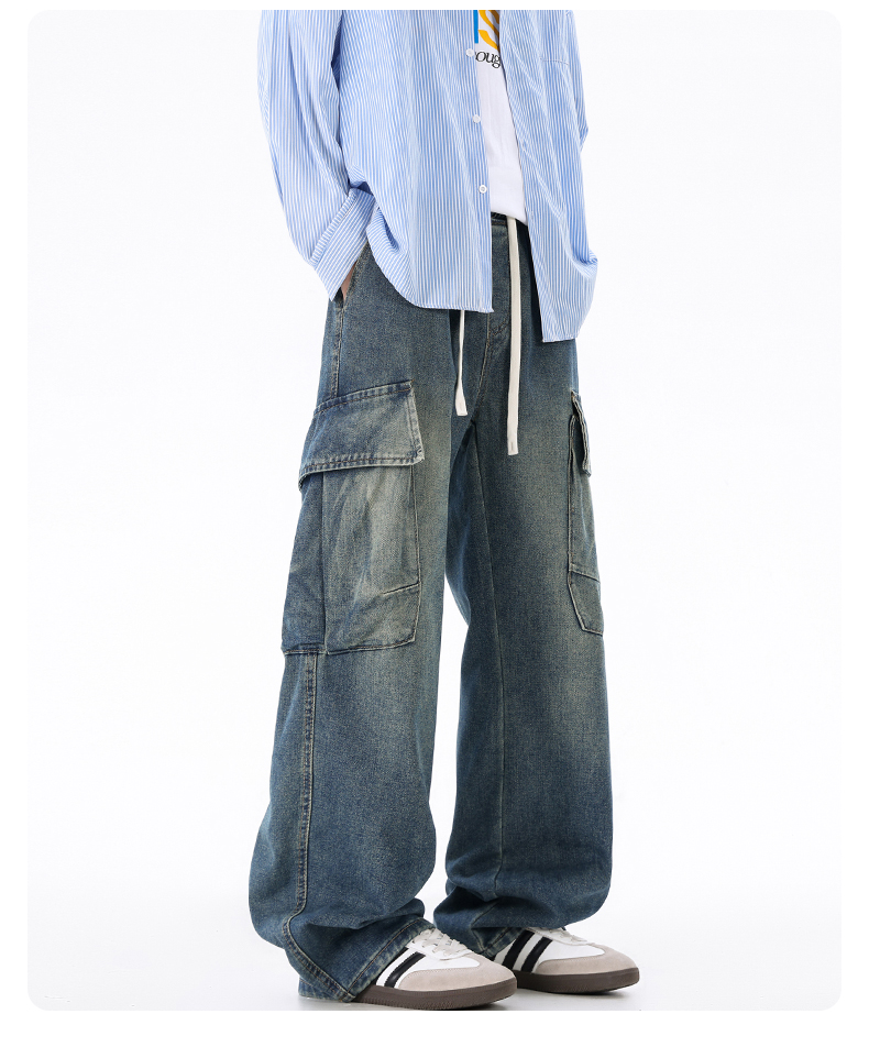 早秋新款牛仔工装裤大口袋松紧腰抽绳宽松直筒百搭高街风休闲裤