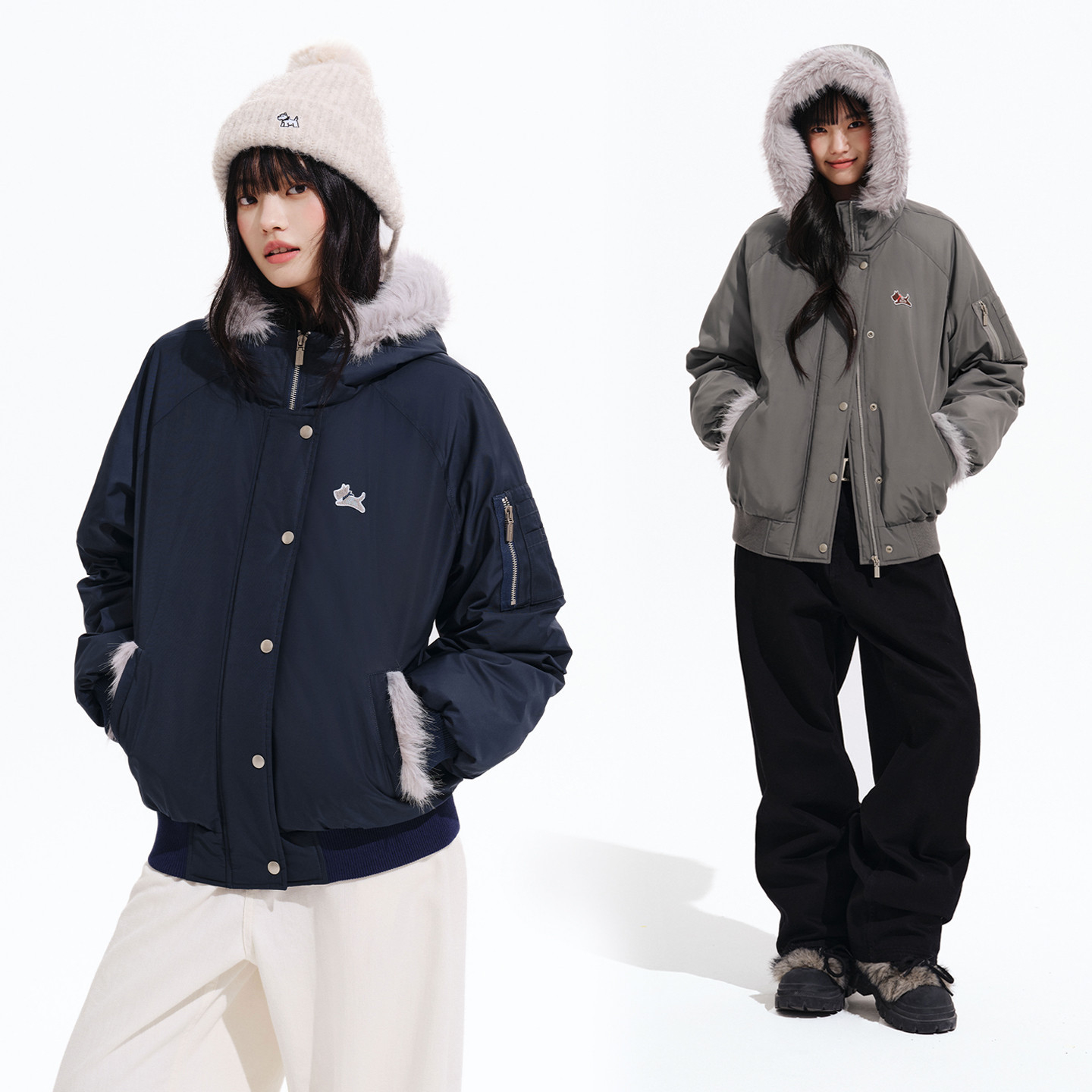 PSO Brand 休闲毛绒连帽防风保暖外套女装可爱小狗插肩棉服NMF006