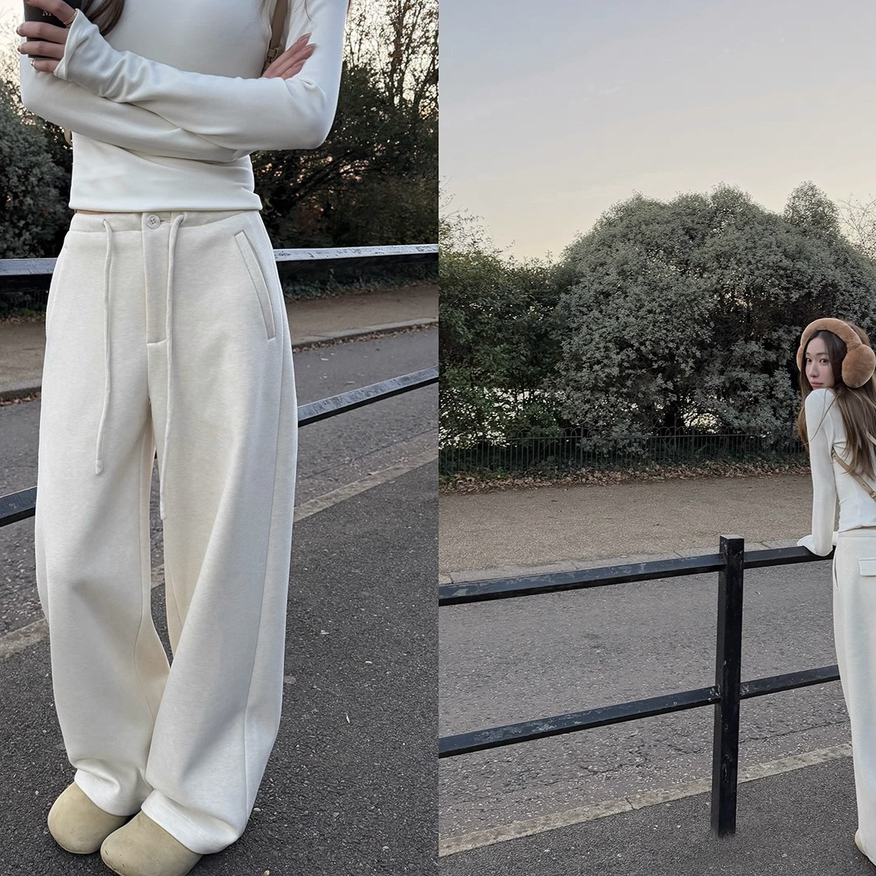 姝琦精选加绒糯米裤•秋冬灰色加厚阔腿卫裤休闲裤