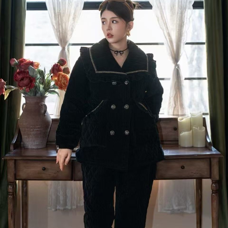 夹棉加绒加厚女秋冬季可外穿保暖睡衣家居服