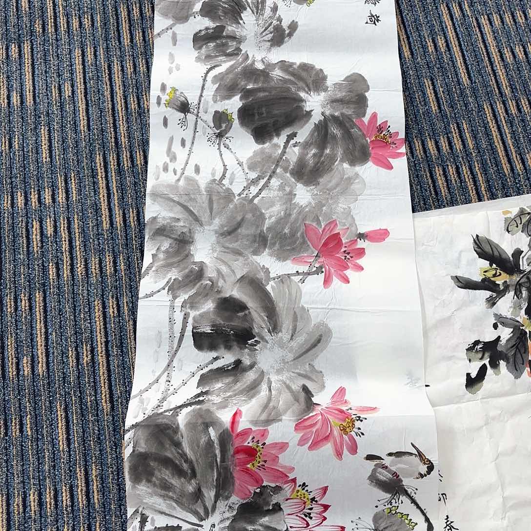 国画师亚兰六尺对开花鸟朱