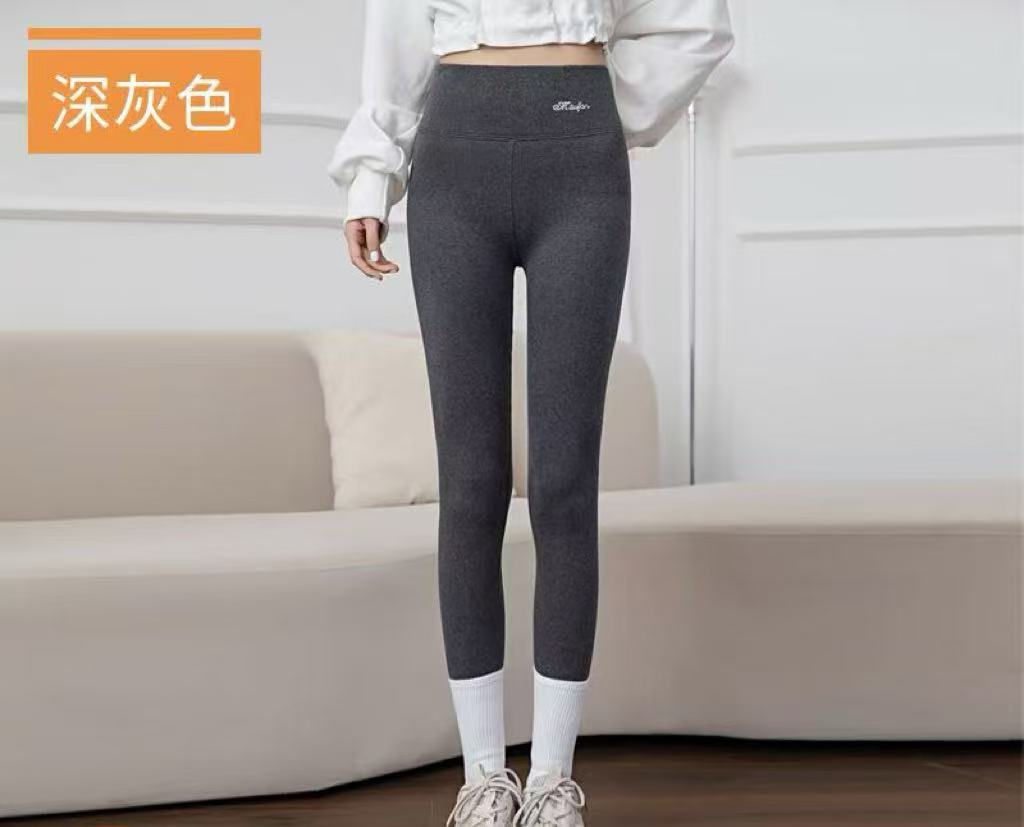 大码灰色打底裤女外穿冬磨毛保暖螺纹高腰弹力加绒棉裤加厚打底裤