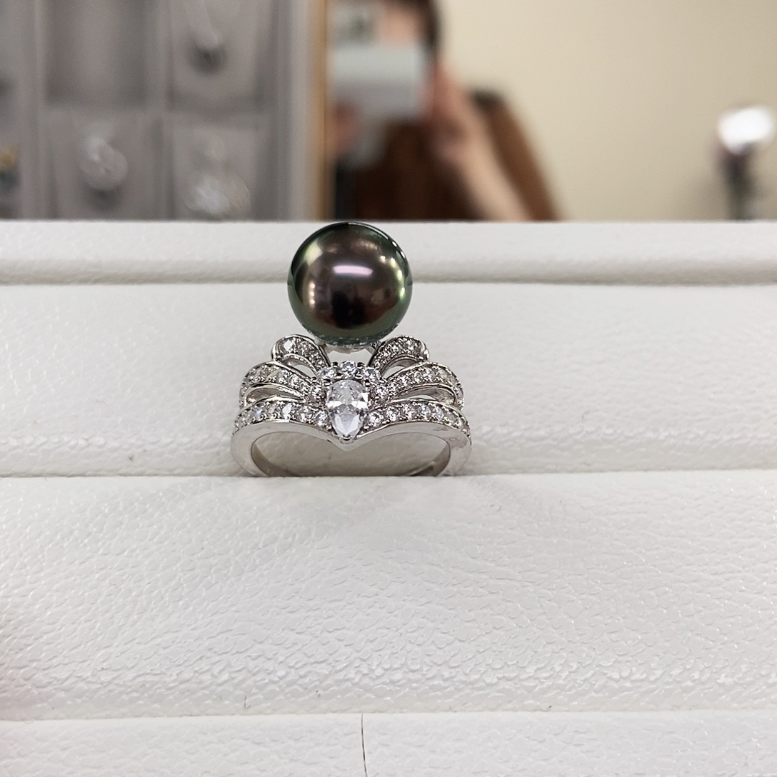 海水珍珠戒圈银S925镶嵌大溪地黑珍珠孔雀绿