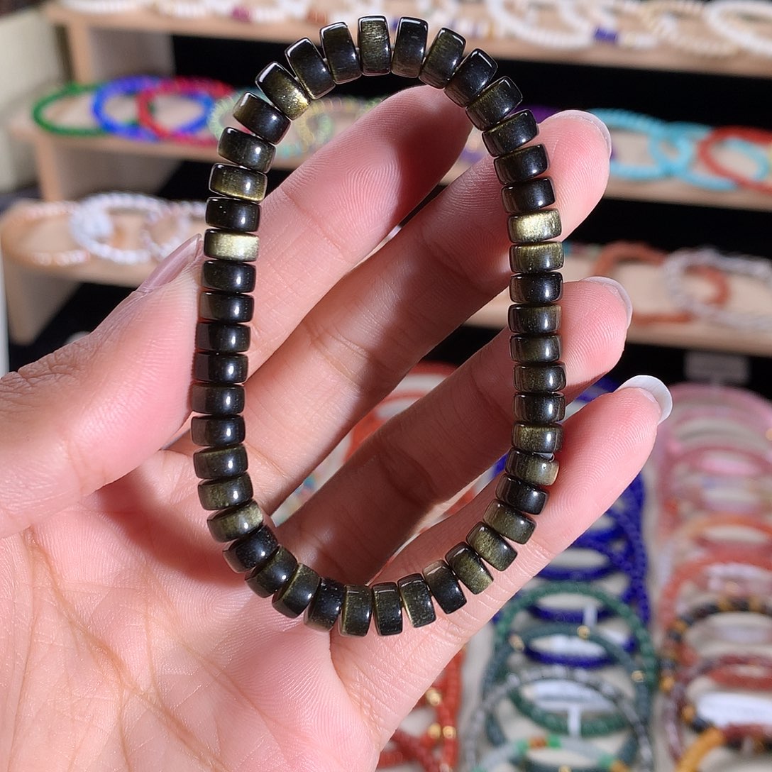 未镶嵌黑曜岩手串烟***?精工药片黑金曜石7mm