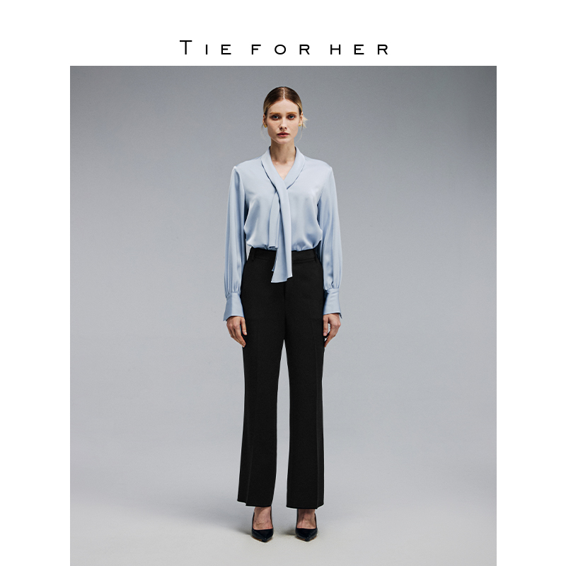 TieForHer 飘带设计垂感法式优雅高级感V领长袖通勤衬衫女