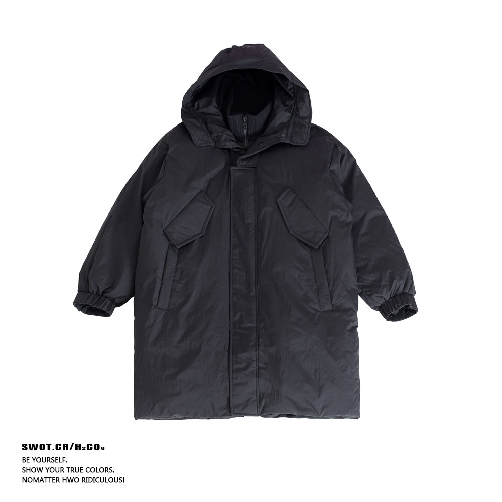 SWOT.CR/新国标90白鸭绒假两件宽松连帽中长款多口袋工装羽绒服