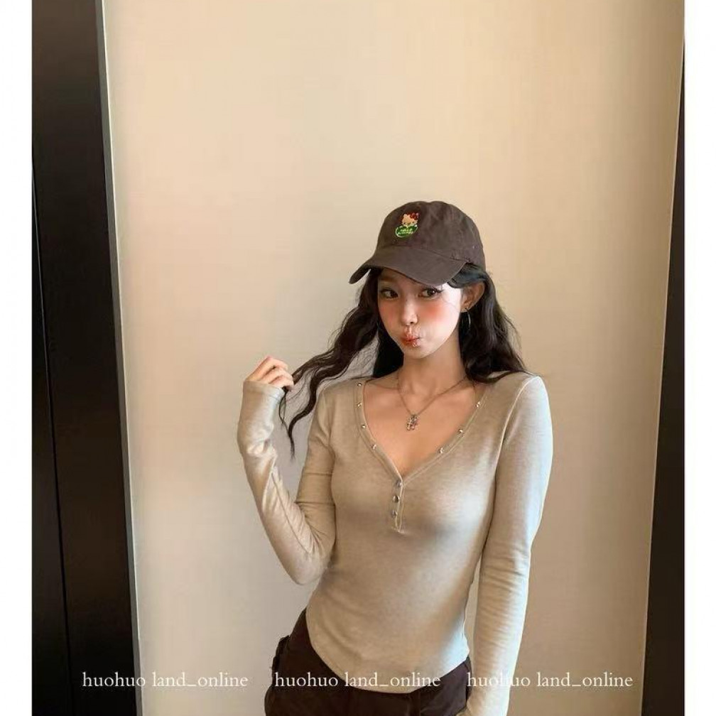 【dd】五角星不规则纽扣辣妹加绒长袖上衣打底