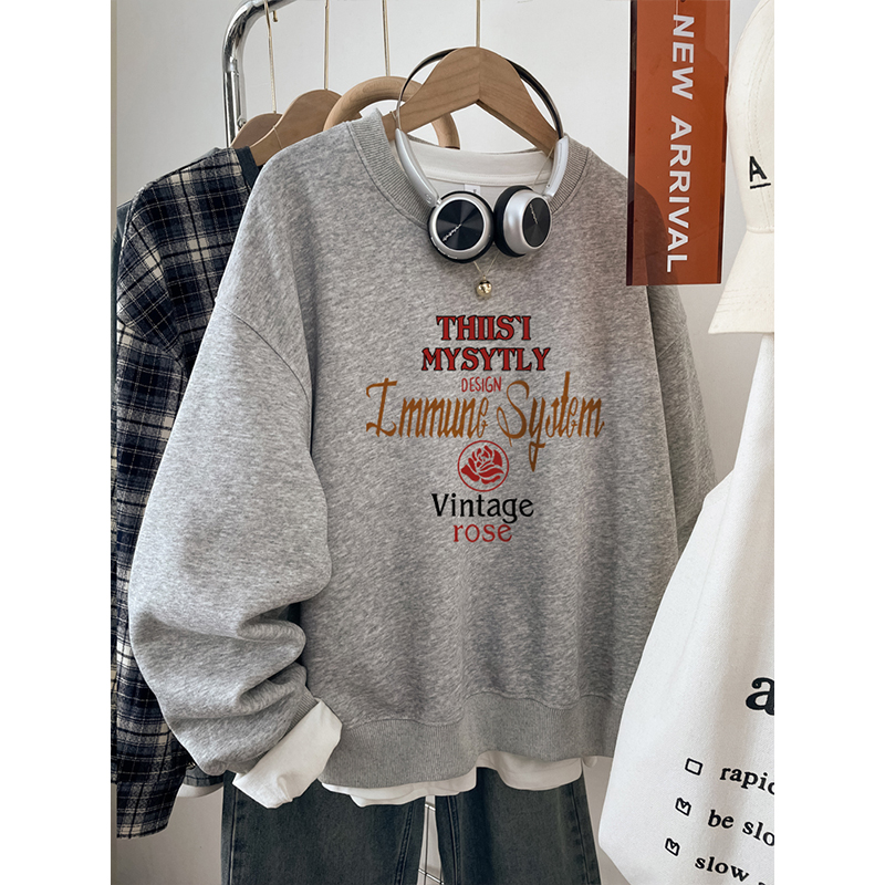 胖mm藏蓝色宽松200斤卫衣女2025秋冬新款大码韩系印花休闲上衣