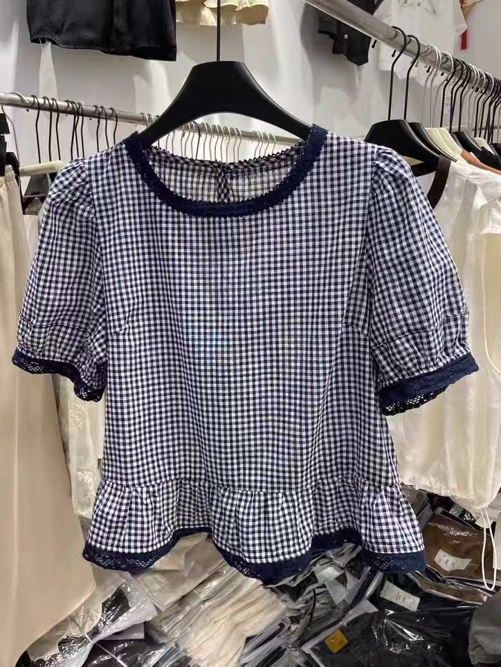 泡泡袖夏季格子泡泡袖格子衬衫韩版娃娃衫格子衬衫时尚拼接